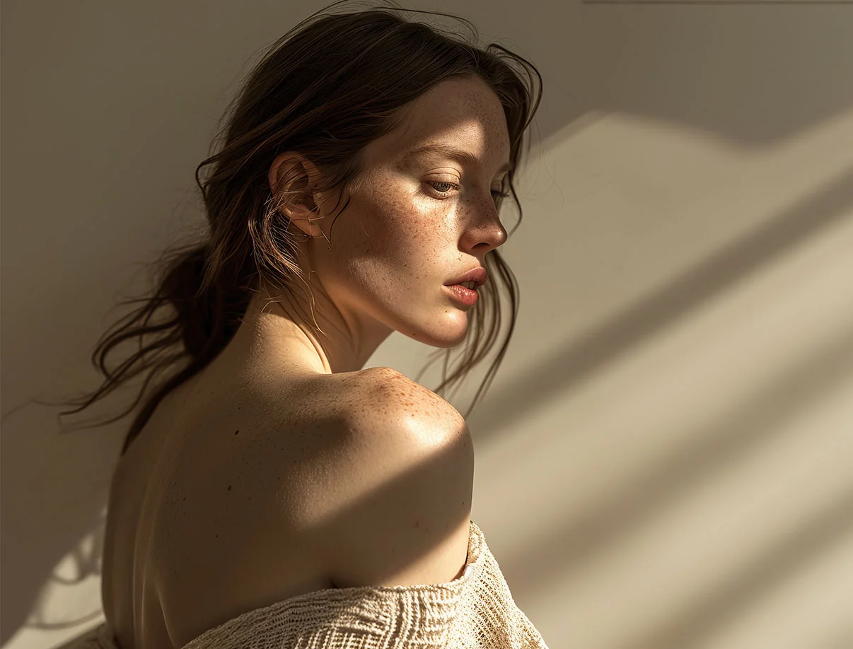 Side-lit portrait of a woman with freckles, sitting in soft sunlight with shadows falling across her face and shoulders - Profile Balancing in West Hollywood, CA